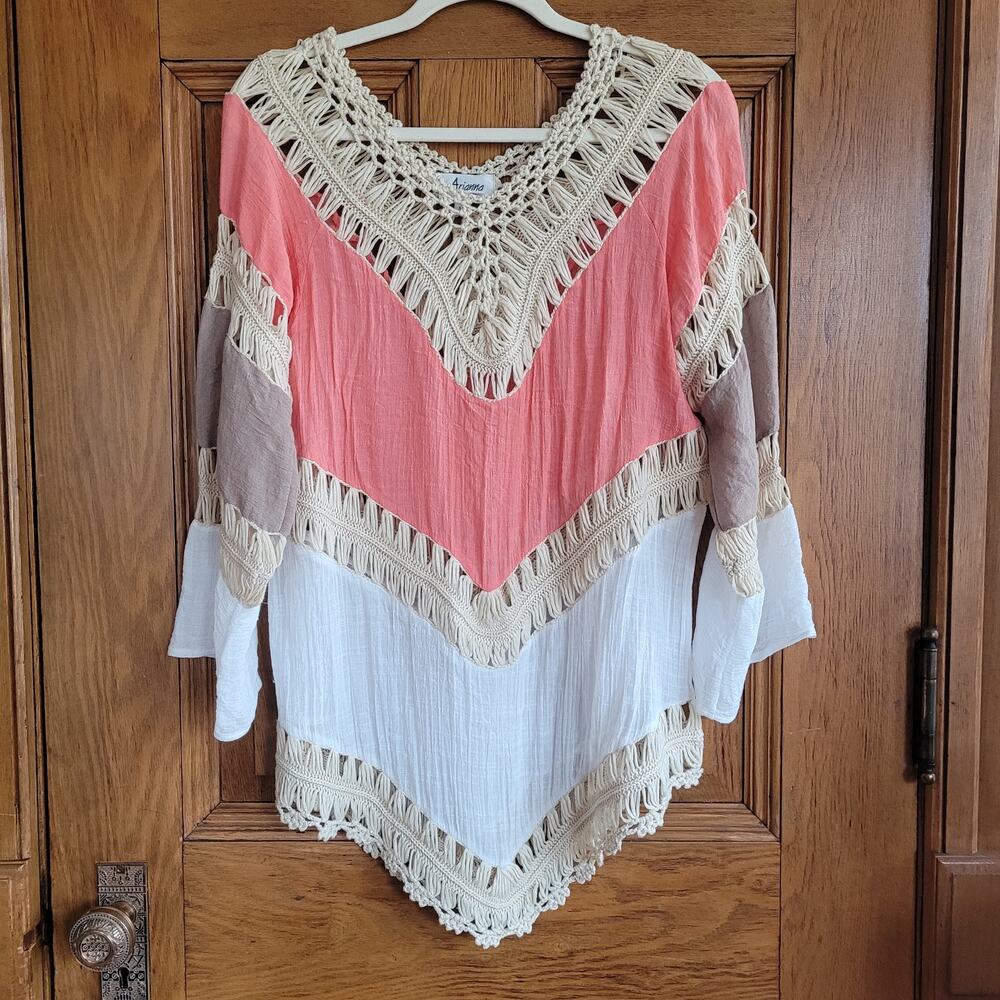 Arianna Coral White Crochet Poncho Top Fringe Boho Beach Cover Up S/M Festival - Picture 2 of 10